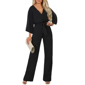 Combinaison décontractée noire élégante pour femme, coupe ample avec ceinture