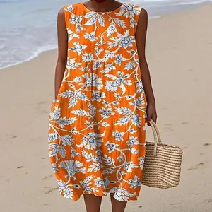 Detailed view of sleeveless orange floral print maxi dress for casual beach summer wear