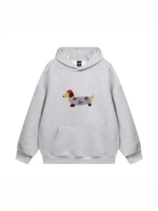 Felpa con Cappuccio Donna Casual Bassotto Cartoon Ricamato Pullover Largo Manica Lunga con Tasca a Marsupio