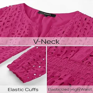 Dettagli dell'abito in cotone rosa ricamato con scollo a V e polsini elastici