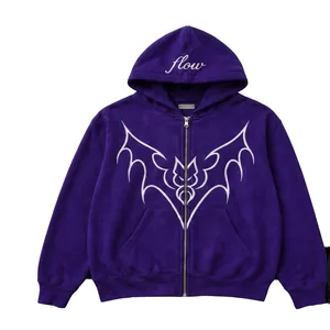 Close-up of purple zip-up hoodie featuring white bat graphic and flow hood print