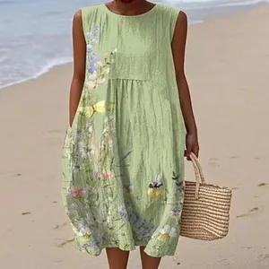 Sleeveless green floral midi dress with butterfly print for beach and casual summer wear