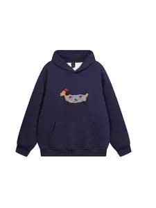 Felpa con cappuccio oversize blu navy da donna con grafica bassotto e tasca