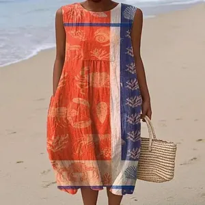 Sleeveless casual maxi dress with nautical seashells and crab print for summer beach