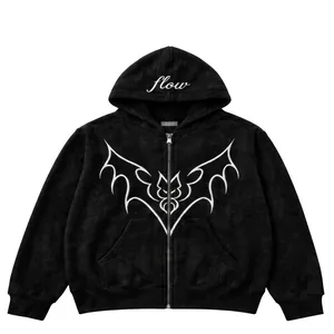 Casual black zip-up hoodie featuring a gothic white bat graphic and flow hood embroidery