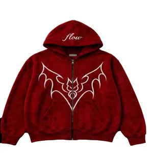 Red zip-up hoodie with white bat print and flow text detail