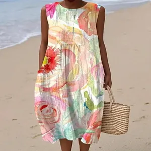 Casual sleeveless midi dress with vibrant floral print on a sunny beach background