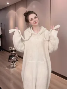 Suéter con Capucha y Cordón Estilo Relajado para Mujer Color Sólido Punto Manga Larga Bolsillos Top para Uso Diario Otoño Invierno