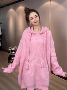 Sudadera de punto rosa de gran tamaño con capucha y cordón grueso para moda de invierno mujer