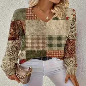 Women's vintage patchwork V-neck sweater with elegant hollow-out crochet long sleeves