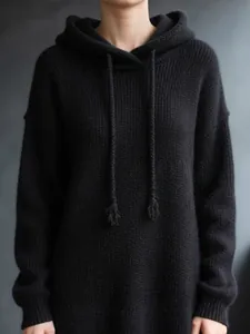 Suéter negro de punto con capucha y cordón para mujer, estilo informal de invierno