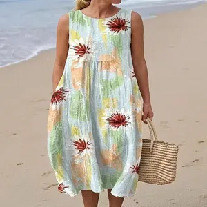 Elegant sleeveless floral print casual midi dress for summer vacation at the beach