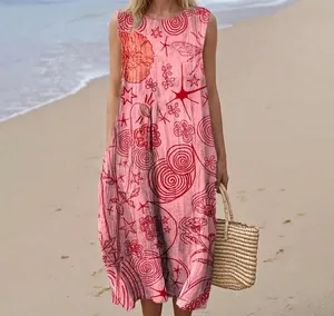 Sleeveless pink floral maxi dress with red starfish patterns for summer beach wear