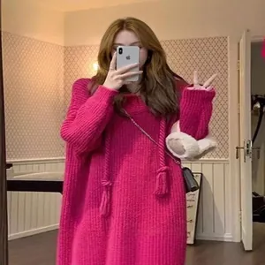 Jersey de punto rosa de gran tamaño con capucha y cordón para mujer para otoño e invierno