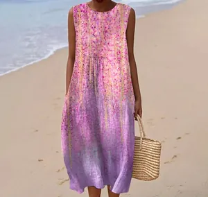Detailed view of a sleeveless floral long dress featuring a vibrant pink and purple print