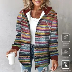Front view of a colorful striped hooded cardigan with black buttons and white drawstrings