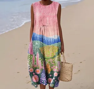 A beautiful lifestyle view of a sleeveless floral maxi dress with colorful landscape print