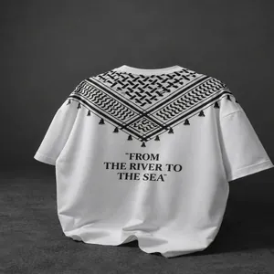 Loose fit white round neck T-shirt with black shoulder pattern and slogan print