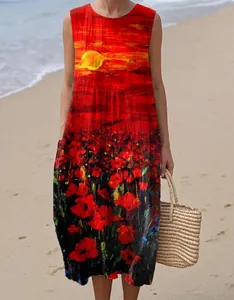 Sleeveless casual maxi dress featuring a vibrant sunset and floral artistic print
