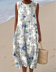 Close-up detail of sleeveless floral print casual maxi dress in beach environment