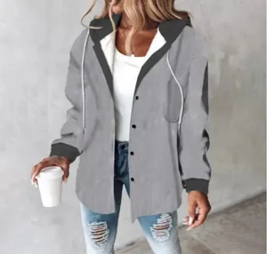 Detailed view of stylish women's gray hooded casual jacket with buttons and drawstring