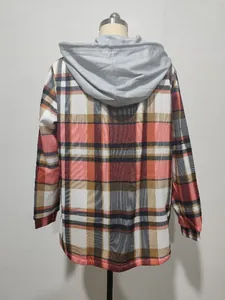 Detailed back view of a women's oversized plaid hooded jacket with gray hood for autumn
