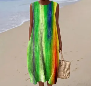 Close-up detail of sleeveless maxi dress with vibrant multi-color stripe print