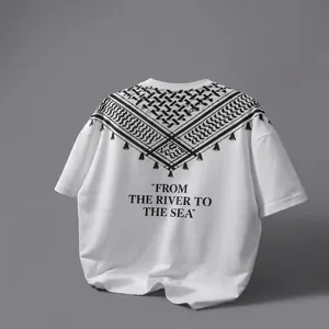 Minimalist oversized white round neck t-shirt featuring geometric back pattern design