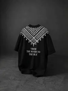 Oversized black t-shirt with pattern and river to sea text print on back