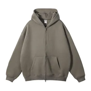 Vooraanzicht van minimalistische oversized unisex hoodie met rits in donkergrijs