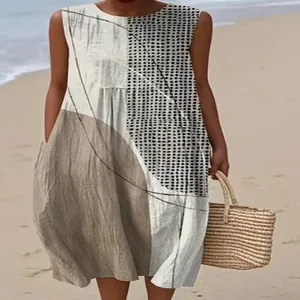Sleeveless casual midi dress with geometric patchwork and polka dot prints for women