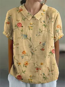 Vintage floral print details on a loose casual lapel short-sleeved top for women