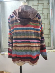 Detailed back view of a casual multi-colored horizontal striped hoodie jacket for women