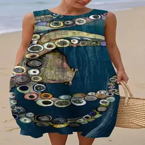 Detailed view of the artistic multi-color print on a sleeveless casual midi dress