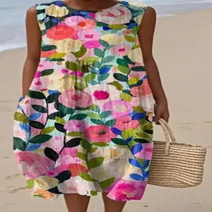 Detail view of a colorful floral sleeveless casual midi dress for summer beach wear
