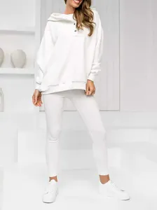 Full view of white 3-piece leisure set featuring a hoodie and ribbed slim leggings