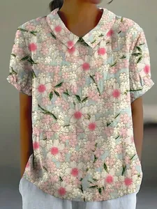 Women's vintage floral short sleeve blouse with lapel collar and casual loose fit design