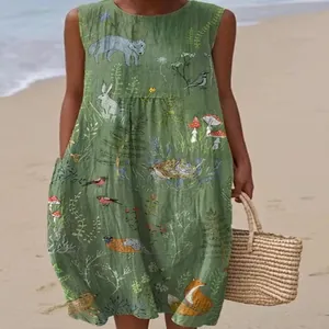 Close-up of sleeveless green maxi dress featuring a whimsical forest and animal print