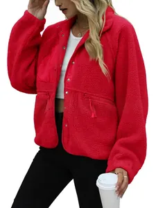 Veste polaire sherpa rouge haut de gamme pour femmes avec poches et boutons-pression