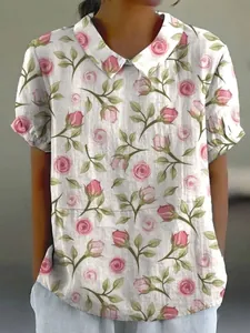 Womens casual short sleeve lapel shirt featuring a pink rose and green leaf print