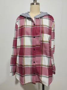 Detailed studio shot of a red and white plaid hooded casual shirt jacket for women.