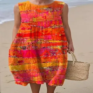 Vibrant sleeveless colorful floral printed midi dress for beach casual wear, summer style