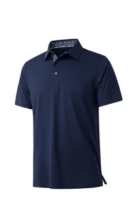 Polo de negocios transpirable azul marino para hombre con cuello interior estampado