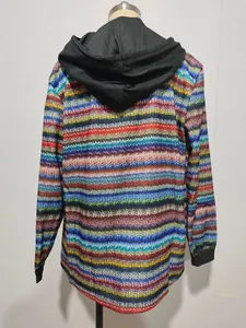 Back view detail of a women's casual colorful striped hooded jacket for autumn wear