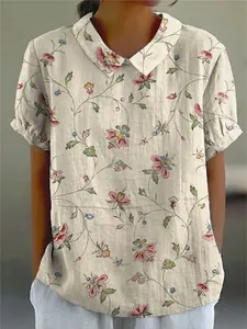 Elegant women's casual loose short sleeve blouse featuring vintage floral print and lapel
