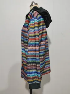 Side view detail of a women's casual colorful striped hooded jacket on a mannequin