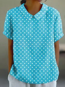 Women's short sleeve polka dot blouse featuring a casual turn-down collar design