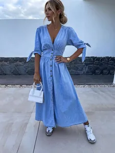 Dames Elegante V-Hals Enkele Rij Knoppen Maxi Jurk Korte Mouw Strik Taille Effen Bloemen Bedrukte Zomer Jurk