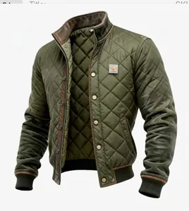 Macro view of olive green quilted men's bomber jacket featuring a stand-up collar