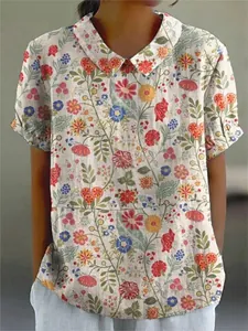 Floral print short sleeve blouse for women with vintage lapel collar and loose fit